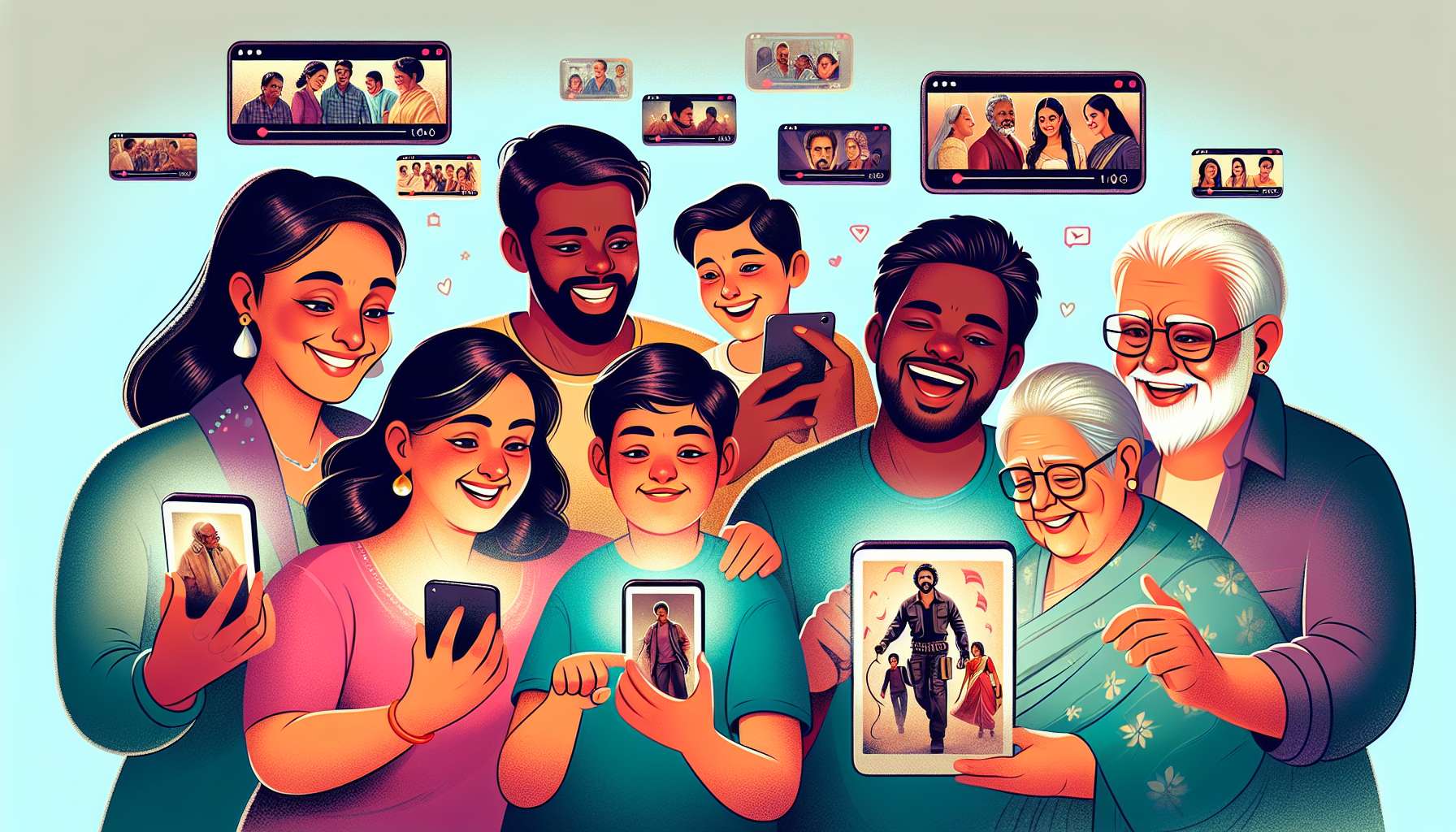 Illustration of Telugu movie enthusiasts enjoying iBOMMA platform