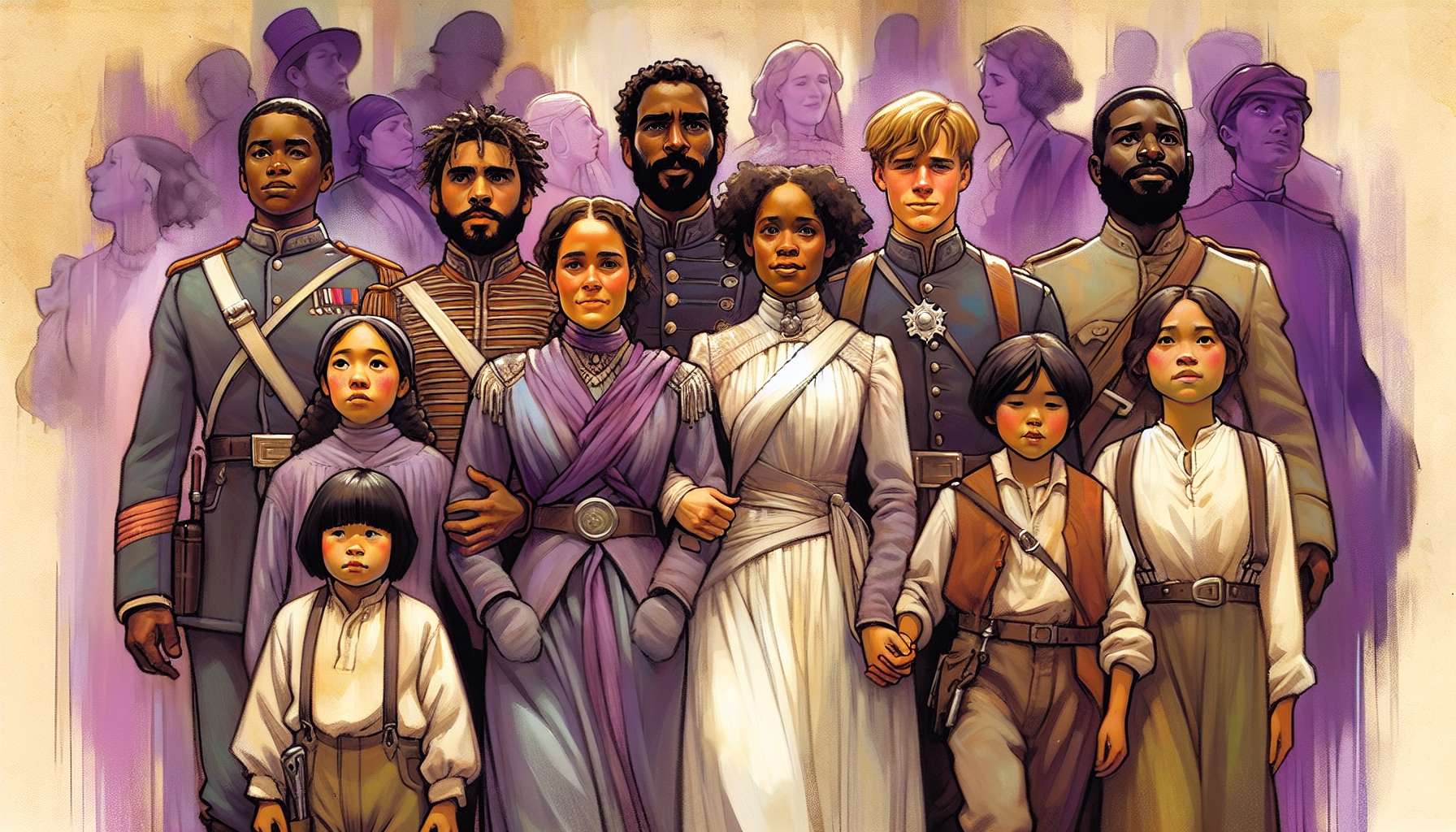 Illustration of a diverse group of characters from The Color Purple 2023