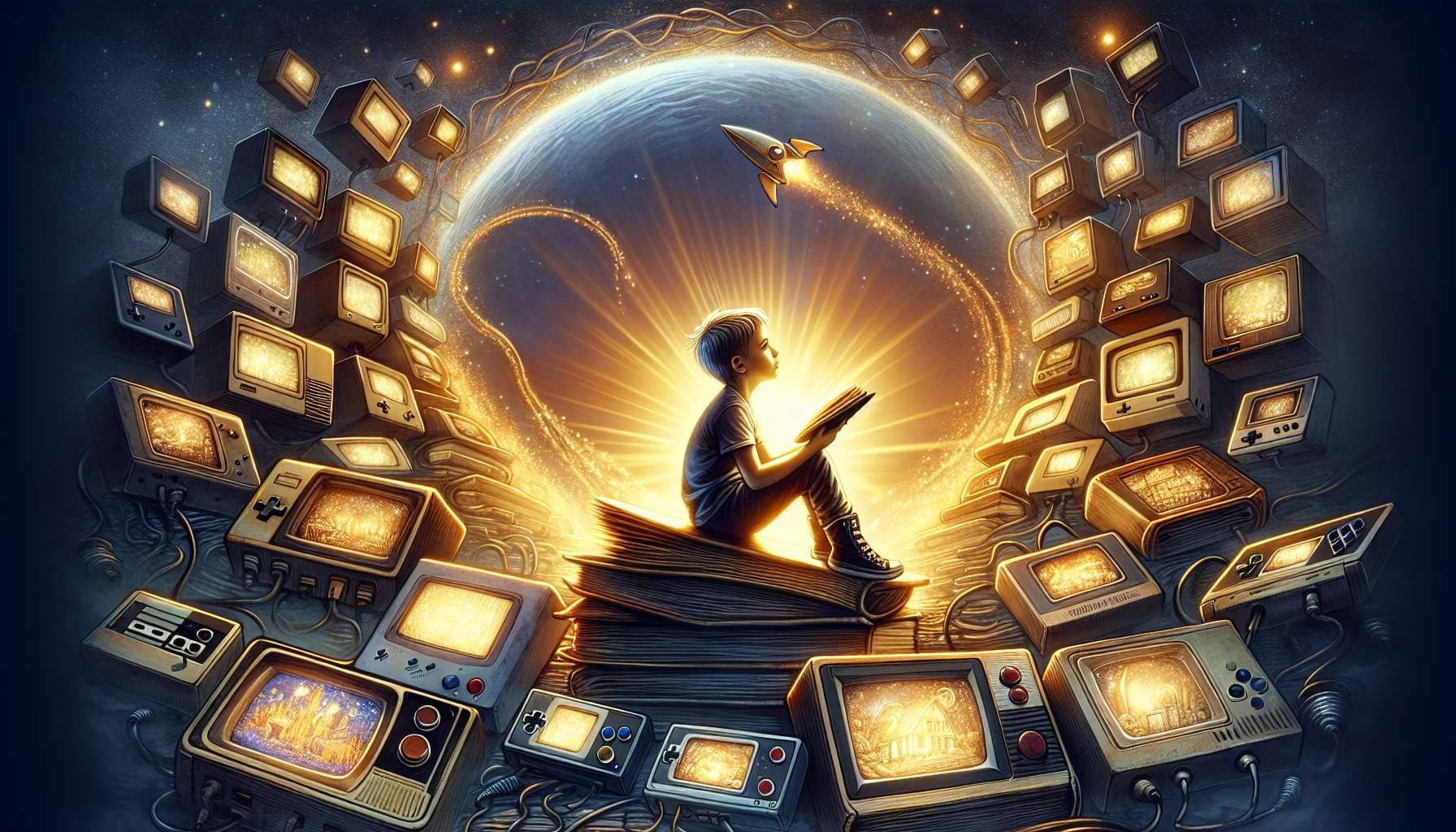 Illustration of a young Owen Haley surrounded by gaming consoles and storytelling books