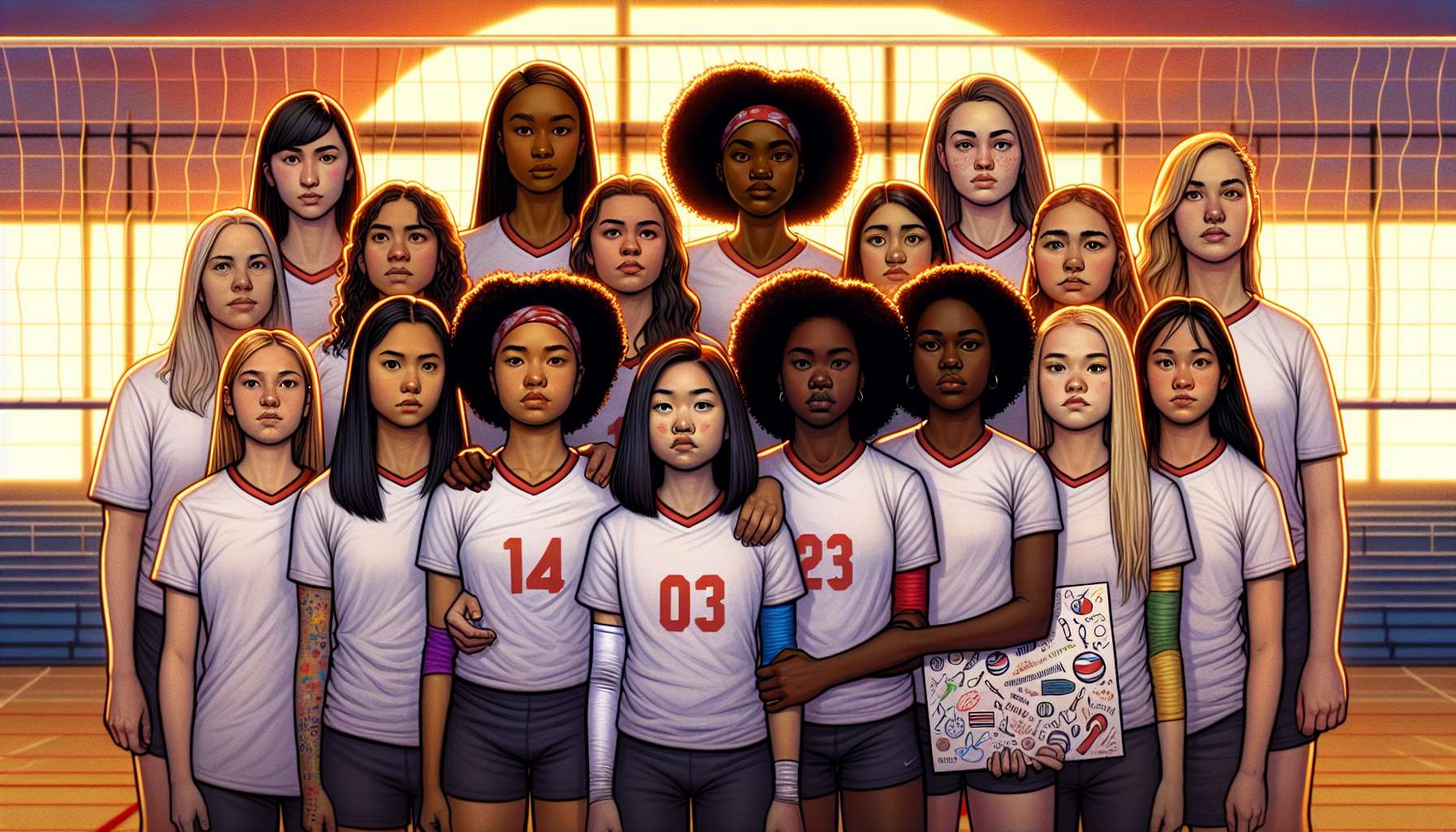 Illustration of Wisconsin volleyball team members showing unity and resilience despite the leaked images