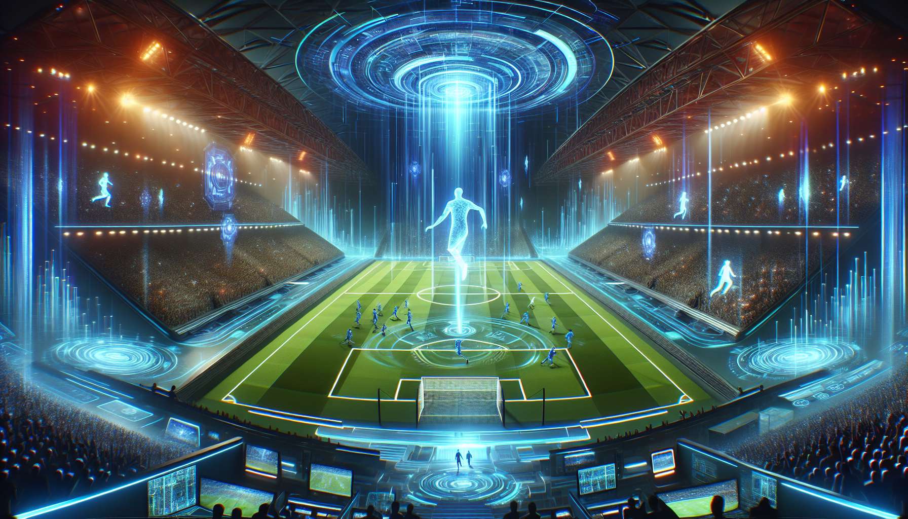 Illustration of a futuristic virtual soccer stadium