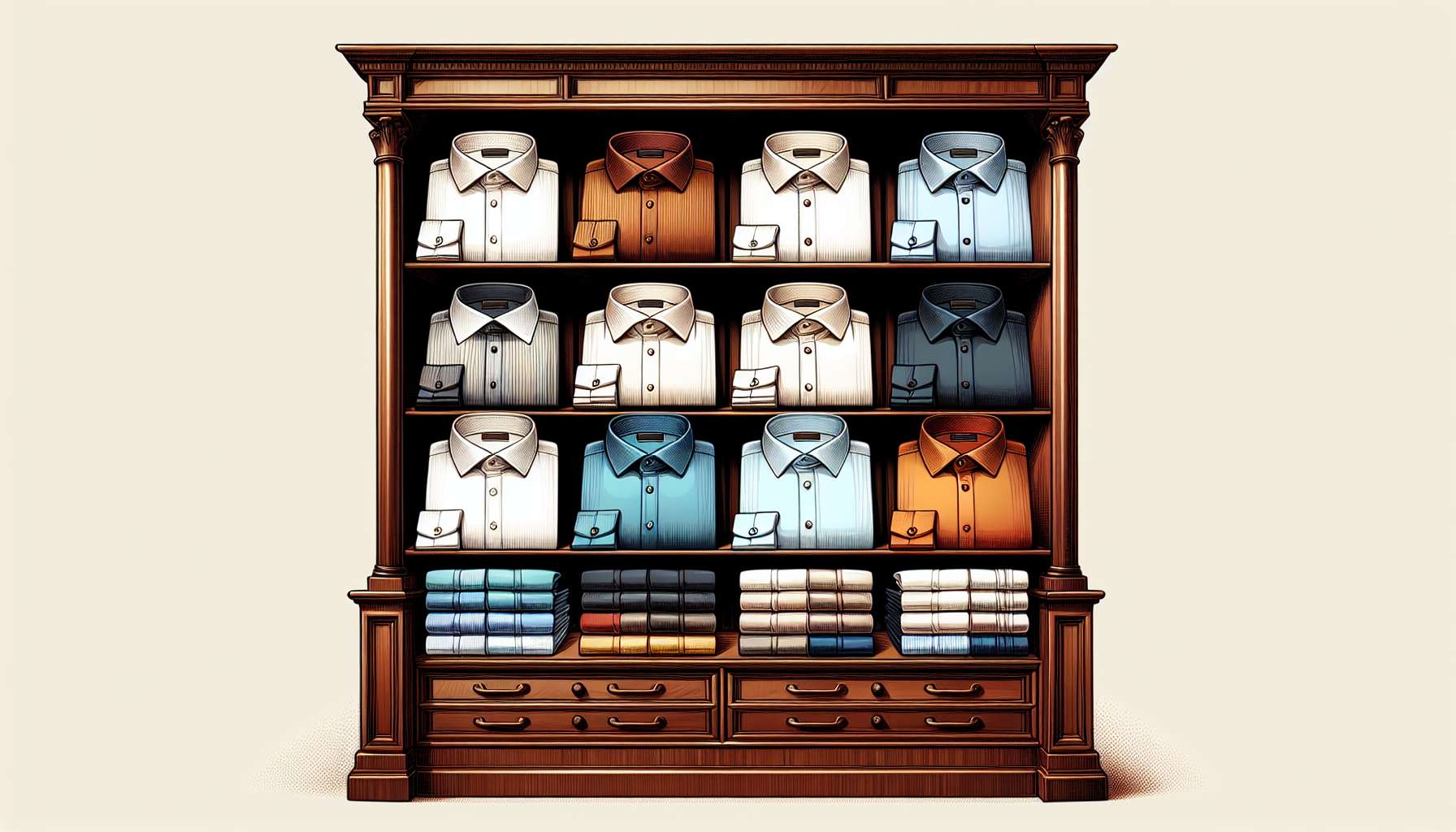 A variety of men's dress shirts neatly arranged on a display rack