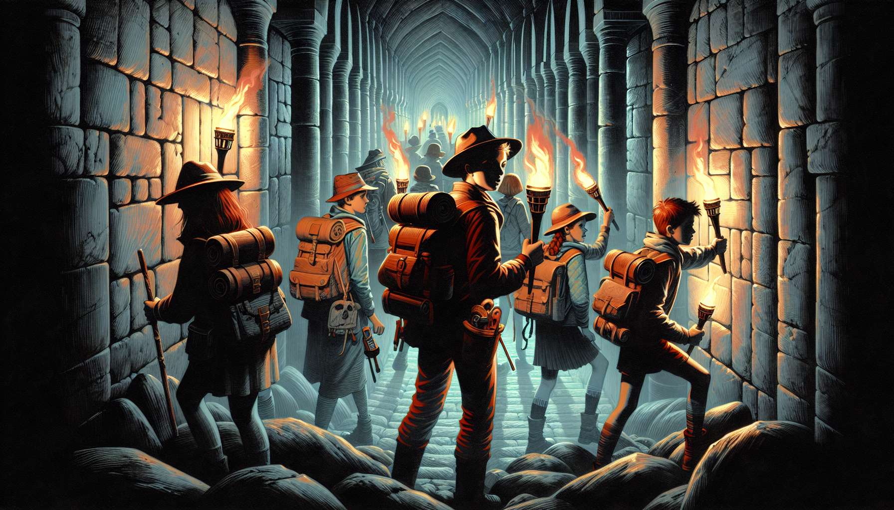 Illustration of high school students exploring a dungeon