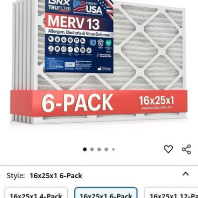 New BNX TruFilter 16x25x1 Air Filter MERV 13 (6-Pack) - MADE IN USA - Electrostatic Pleated Profile Picture
