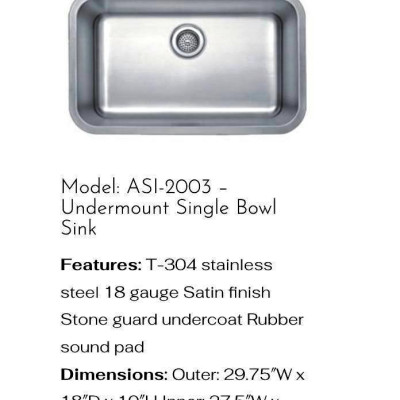 Brand new - Never used - Monaco Undermount Stainless Steel Single Bowl Kitchen Sink #ASI-2003 Profile Picture