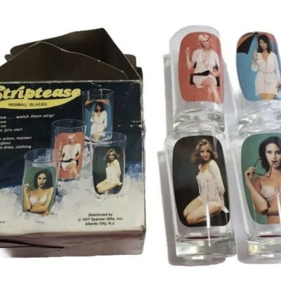 Unique hard to find Vintage set of 4 STRIPTEASE HIGHBALL BAR GLASSES SEXY ADULT 70s In ORIGINAL BOX Profile Picture
